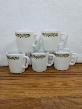VTG Pyrex Spring Blossom Green Crazy Daisy Coffee Mugs Milk Glass Set 5